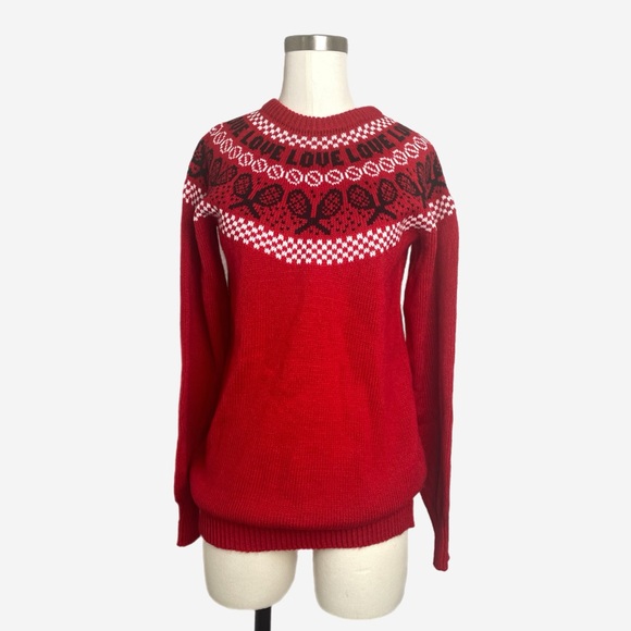 One of a kind Rare Hand knit Tenniscore Hearts Fair Isle Red Sweater size M/L - Picture 1 of 10